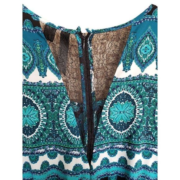 Women's Short Sleeve Romper Lace Zip Down Jumpsuit Blue Green Medium - Picture 4 of 4